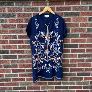 Skies are Blue Navy Blue Floral Embroidered V Neck Short Sleeve Linen Dress